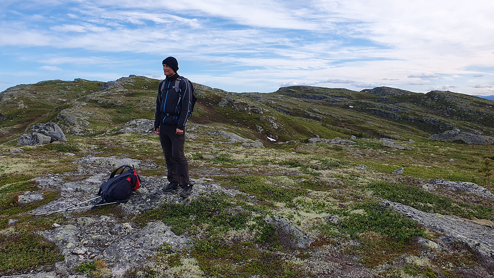 Vi er på Skriutjennatten (1037). I bakgrunnen ses fire av toppene vi hadde besøkt tidligere på turen. Høyest er Søtelifjellet (1071), som er litt til høyre for midten av bildet.