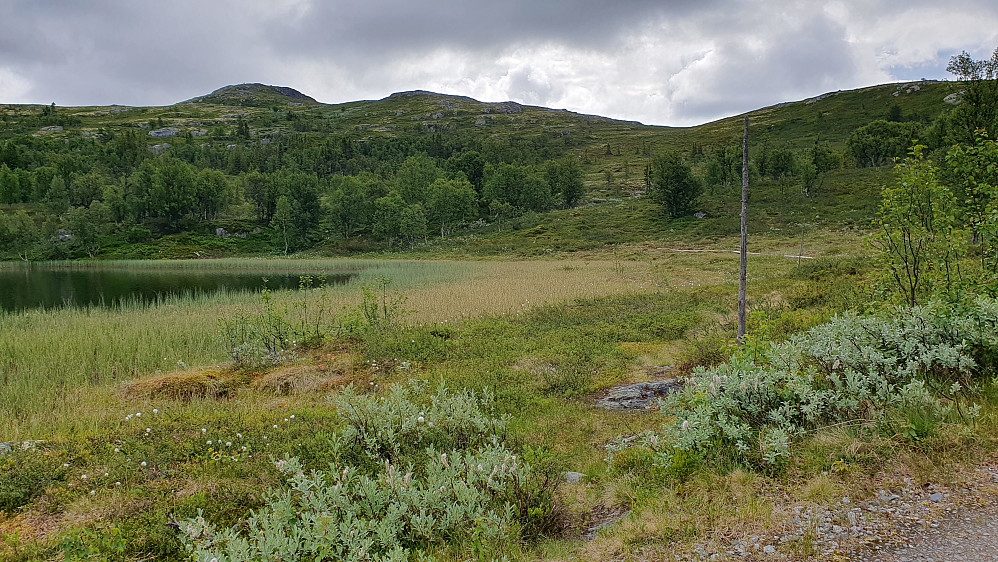 Her forlot jeg grusveien ved vannet øverst i hyttefeltet, og fulgte en liten sti opp mot en hytte og videre oppover mot Sørvest for Skridunattan (1170), som ses oppe til venstre.