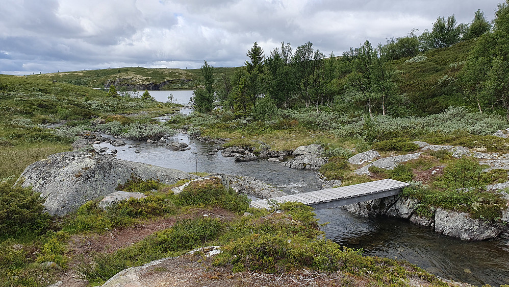 Kryssing av bekken mellom Langvatnet og Søletjønne. Sistnevnte vann ses litt lengre bak.