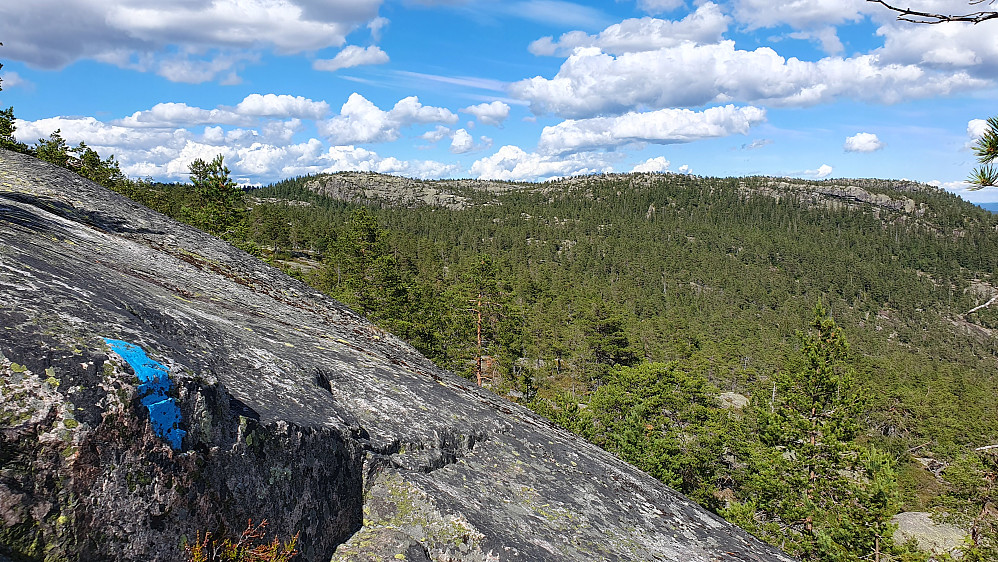 Et parti på stien opp mot Fjellstulfjellet Sørøst (781) som muligens kan være litt problematisk under sleipe forhold. Bak til høyre er Vinbekkhorn (778).