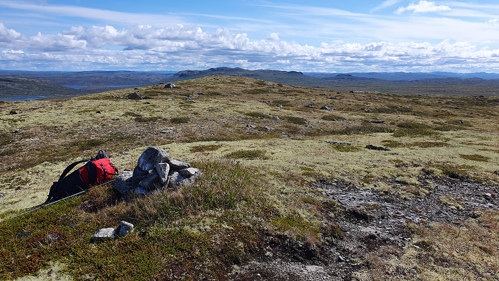 Varden i gresstua, på toppen av Grasnuten (1346). I bakgrunnen og nokså midt i bildet, er Bjordalsnutan (1382).