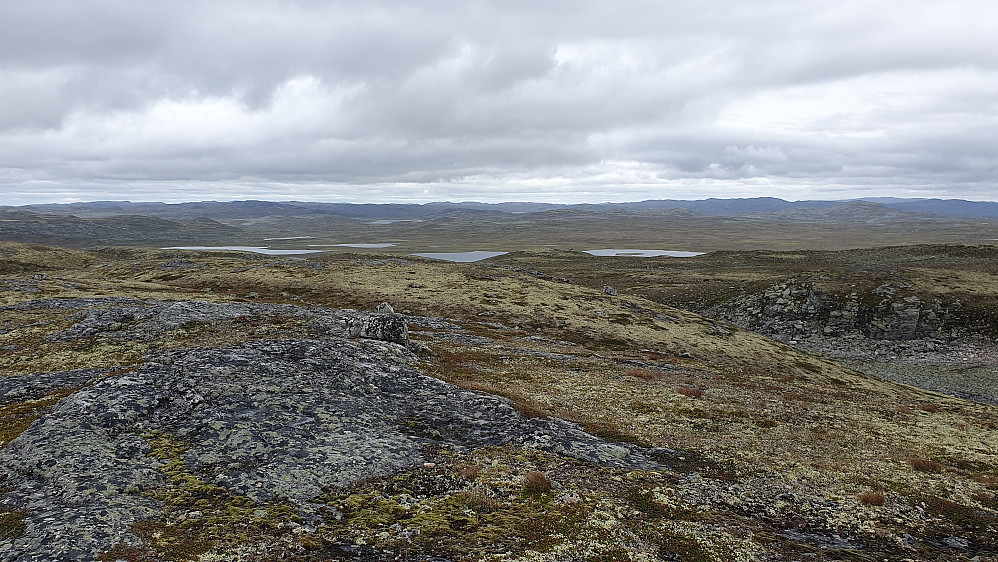 Utsikt mot øst/sørøst fra Elsjåhovda (1387). Lågaros kan skimtes som to mørke flekker over det nærmeste vannet midt i bildet.