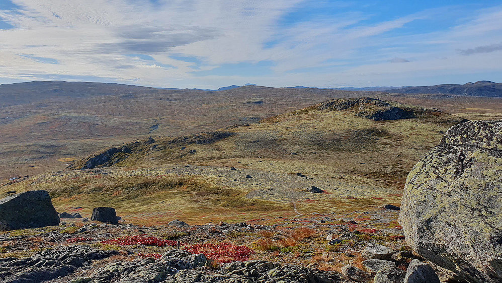 Utsikt sørover fra toppen av Johovda (1305). Johovda Sør (1299) er litt lengre bak til høyre. Langt i det fjerne midt i bildet, stikker Gaustatoppen (1883) opp.
