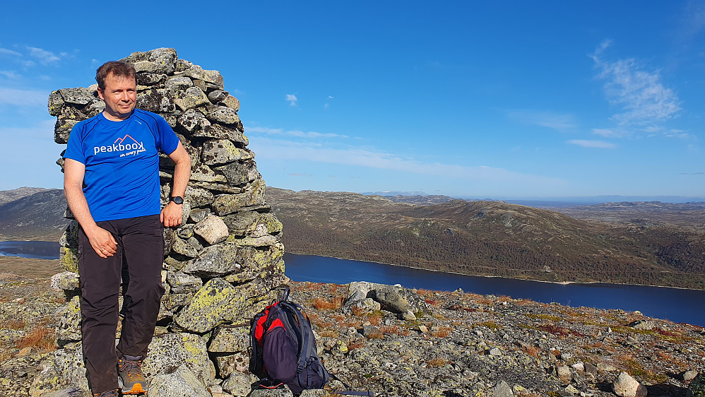 På toppen av Johovda (1305). Bildet tatt mot nordvest. Langt bak i det fjerne midt i bildet ses Hallingskarvet.