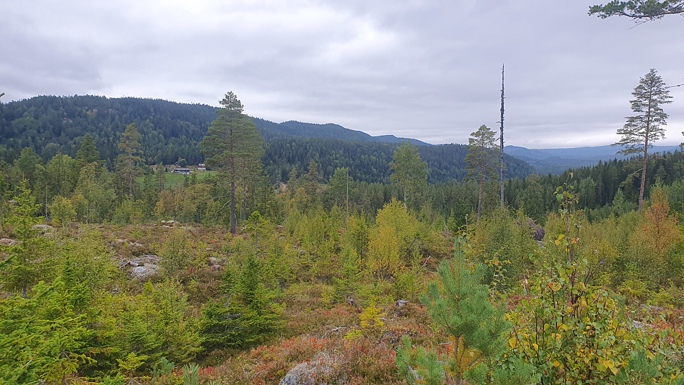 Dette var nok det beste utsynet jeg fikk på denne turen. Jeg står på veien ved gårdene Bøen og ser nordover. Gården Kvenndalen ses til venstre.