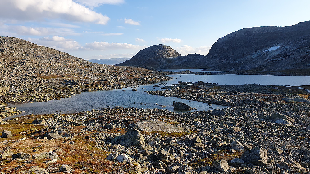 Fra returen, hvor jeg straks skal gå langs vannene nord for Tyrvlesnuten (1588), som er den runde kollen midt i bildet. Oppe til høyre ses Tyrvlesnuten Vest (1653).