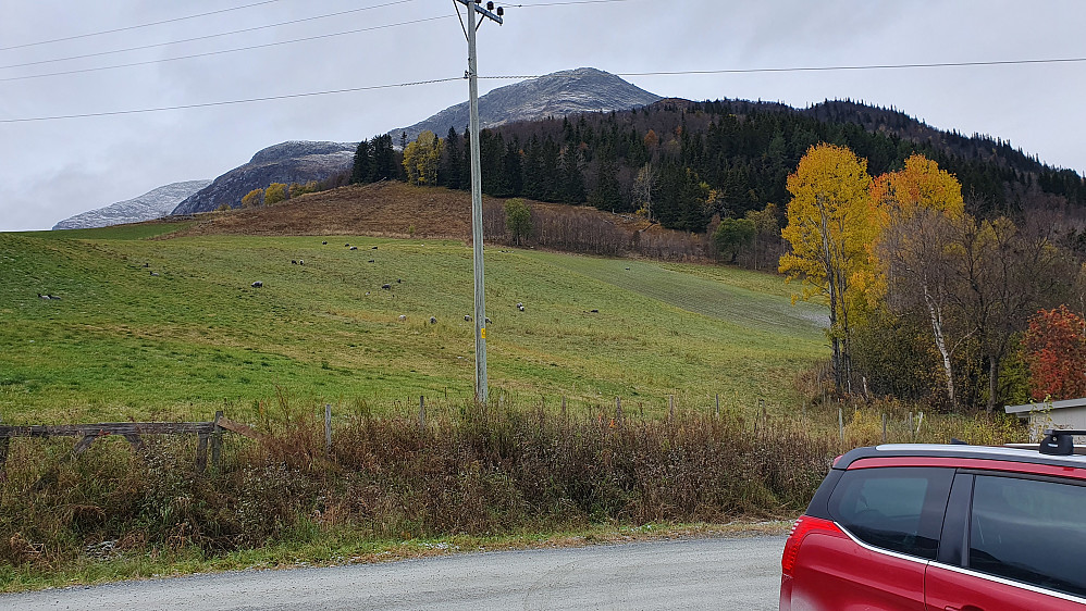 Bergsfjellet Øst (1428) sett fra parkeringen rett før vi begynte å gå.