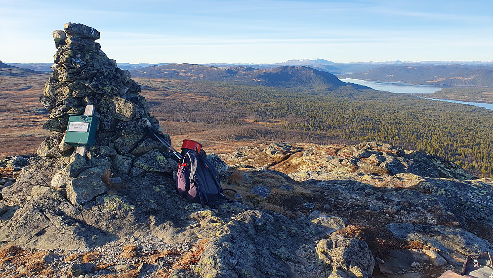 Toppvarden på Sveinsnuten (1157). Bildet tatt mot vest/nordvest. Hallingskarvet dominerer langt bak og litt til høyre. Den store innsjøen til høyre er Pålsbufjorden.