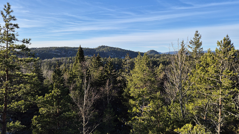 Litt før jeg nådde toppen av Kleggestallåsen (128) fikk jeg denne utsikten mot nordvest. Høyeste topp nokså midt i bildet er Brånåklovåsen Nordøst (187).