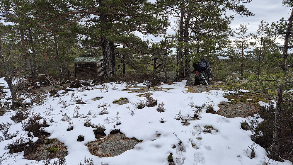 På toppen av Bjørfjell (187) hadde det skyet over og sola var borte. Like ved toppunktet sto det en koie.