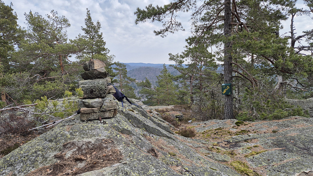 Toppvarden på Grimås (261). Gløtt av utsikt østover.