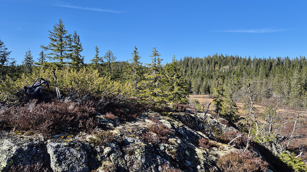Sekk og staver ligger på toppen av Høgåsen Vest (576). Bak og litt til høyre er Kjerkeberget (619), hvor toppvarden kan skimtes når man zoomer litt inn.