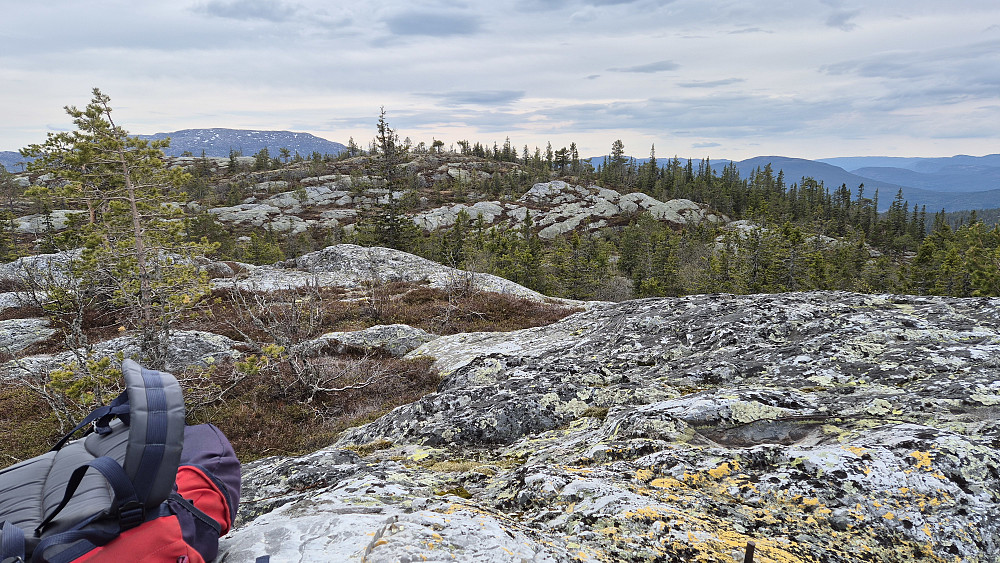 Sekken ligger på toppen av Kolltveiteggi Nord (808). Nærmeste topp bak nesten midt i bildet, er høyeste Kolltveiteggi (811). Det store fjellet bakerst til venstre er Brokefjell/Mannslagarnuten (1074).