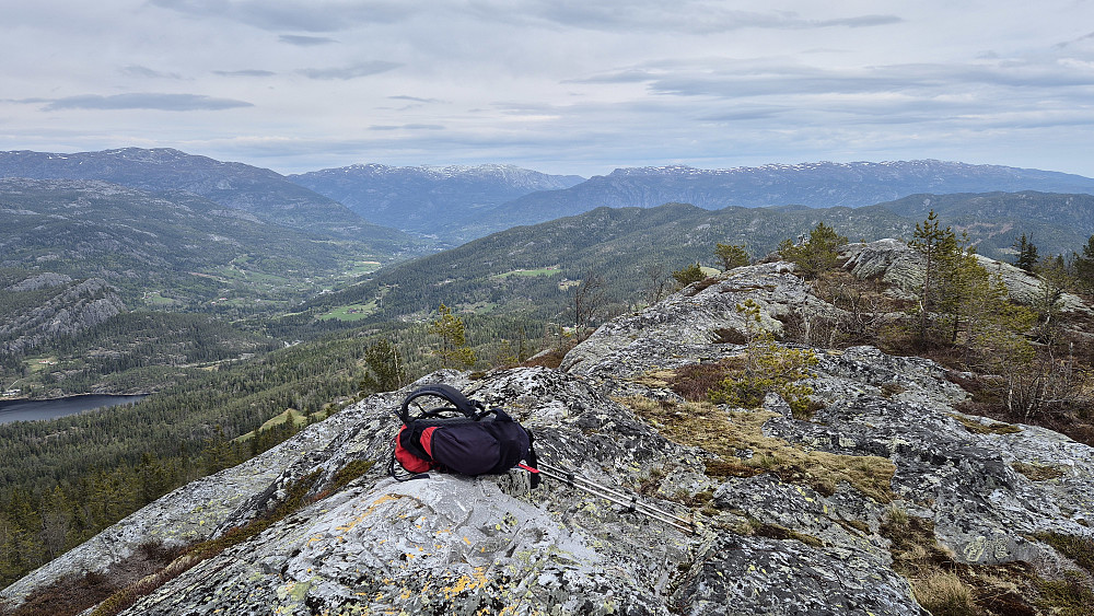 På toppen av Kolltveiteggi Nord (808). Utsikt mot nordøst, retning Seljord, som ligger i dalsøkket bak og litt til venstre. Det store fjellet helt til venstre er Skorve (1370). Ellers dominerer Lifjell bakgrunnen, hvor Mælefjell (1413) er høyest litt til venstre i bildet.