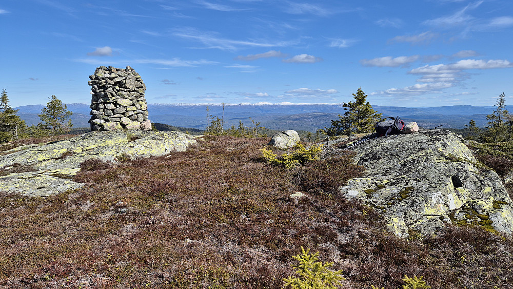 Flott toppvarde på Slettefjell (850). Helt bakerst midt i bildet har de høyeste delene av Lifjell fått et lag med nysnø.