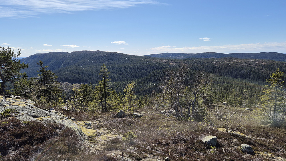Jeg er på vei ned fra Slettefjell (850), og ser over mot noen av de neste toppene jeg skulle besøke. Til venstre er Røglefjell (847), mens Tåklireset (817) ses bakerst og nesten midt i bildet.