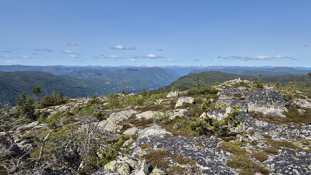 På toppen av Raudbergnuten (949). Utsikt mot vest. Vannet langt der nede midt i bildet, er Bandak.