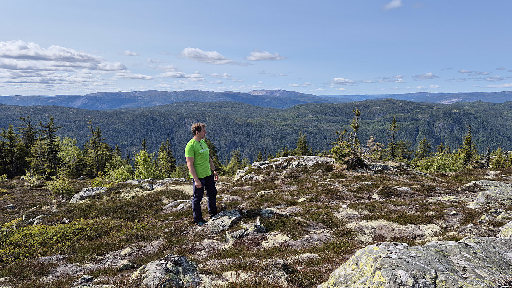 På Raudbergnuten (949). Bildet tatt mot sør/sørvest. Det høyeste fjellet i bakgrunnen midt i bildet, er Roan (1191).