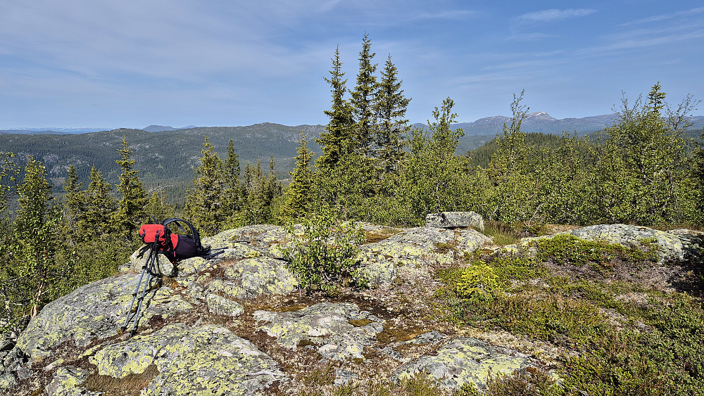 På toppen av Bisminuten (992). Utsikt mot vest/nordvest. Fjellet langt bak til høyre med snøflekker er Brattefjell (1540).