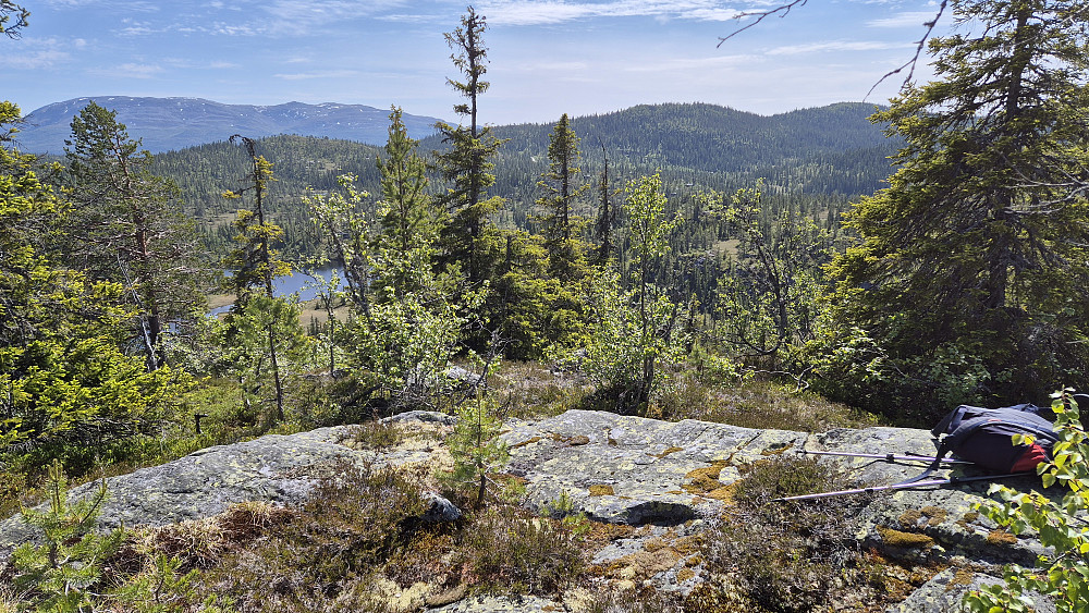 På toppen av Klyftelinuten (877). Utsikt sørover. Åsen i bakgrunnen lengst til høyre i bildet, er Bisminuten (992). Det store fjellet bakerst og helt til venstre er Mælefjell (1414).