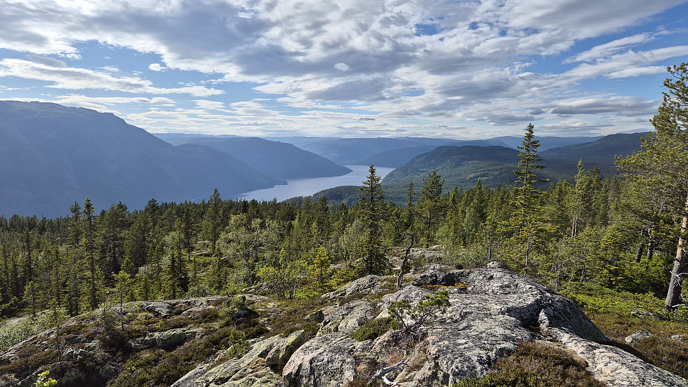 Nydelig utsikt fra Snaunuten, her mot nordvest. Vi ser mot nordenden av Tinnsjå.