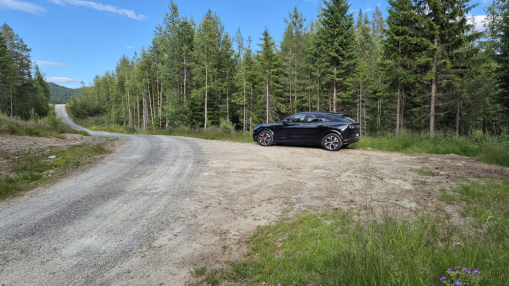 Tilbake ved bilen. Veien jeg kjørte forsvinner innover i bildet til venstre.