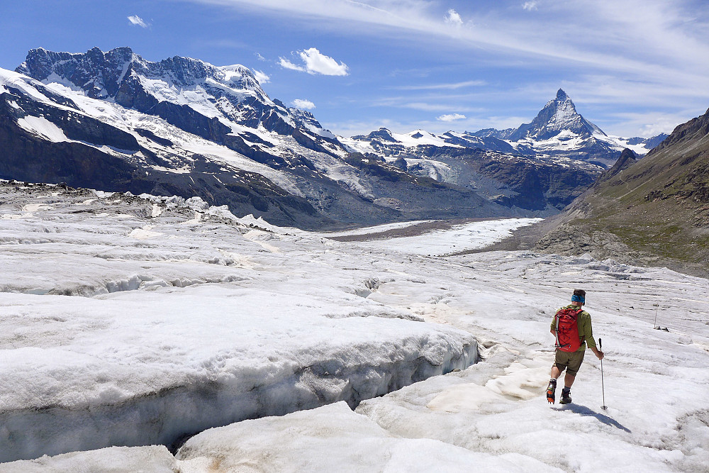 Descending the dry part of the Gornergletscher, Breithorn to the left and Matterhorn in the distance on the right