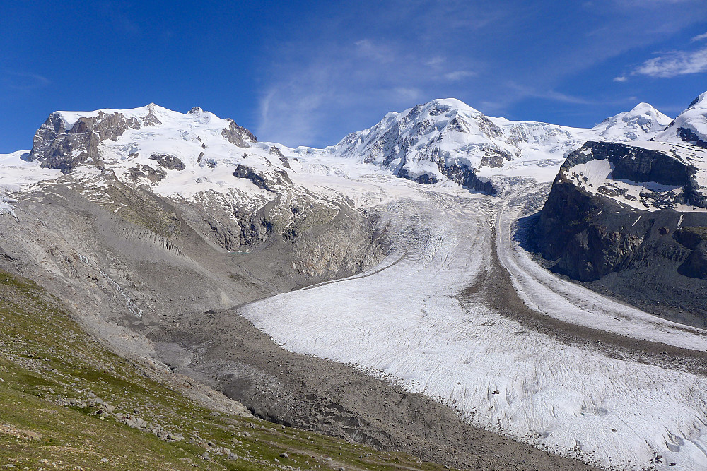 View back up the Grenz/Gornergletscher from the Rotenboden path with the Dufourspitze on the left and Lyskamm and Castor to the right