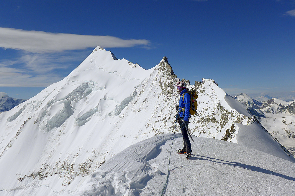 Main summit of the Bishorn with the north ridge of the Weisshorn behind