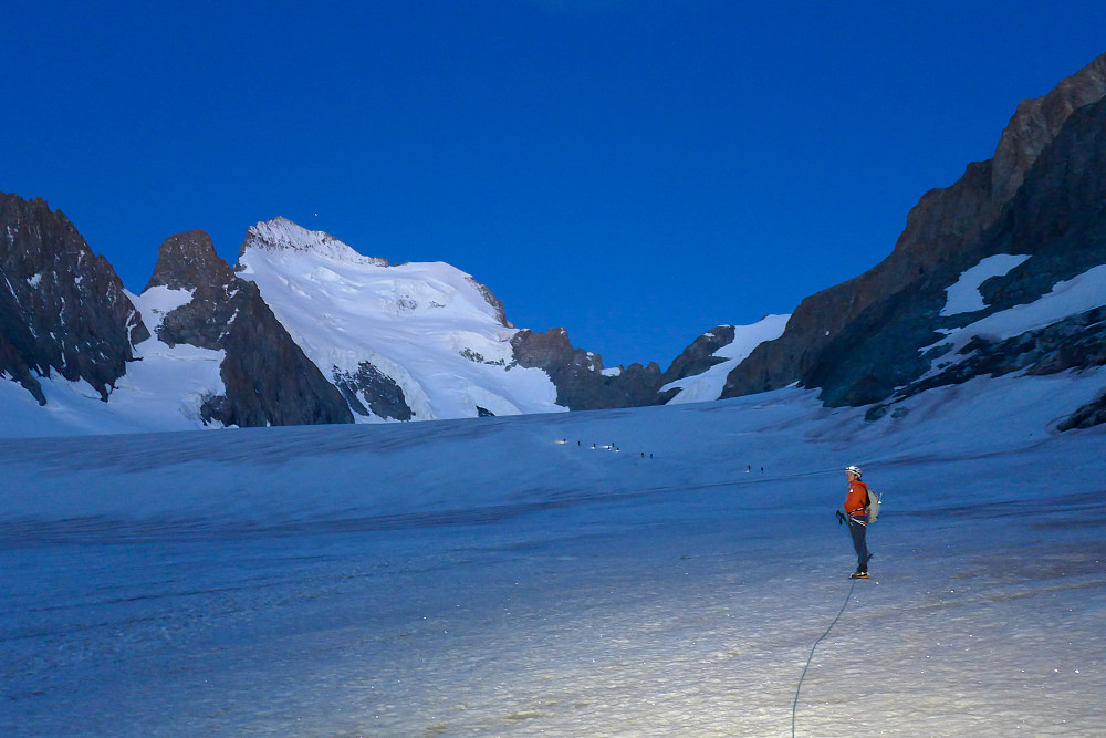 Dawn on the Glacier Blanc with a view of the beautiful north face of the Barre des Ecrins