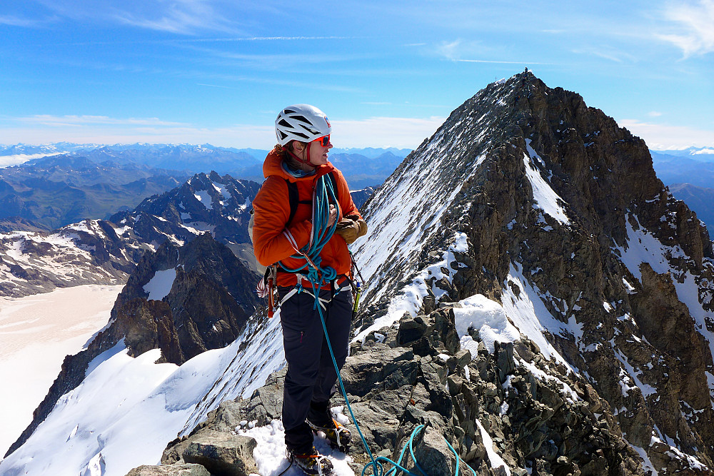 Tamsin on Pic Lory with the Barre des Ecrins summit in the background