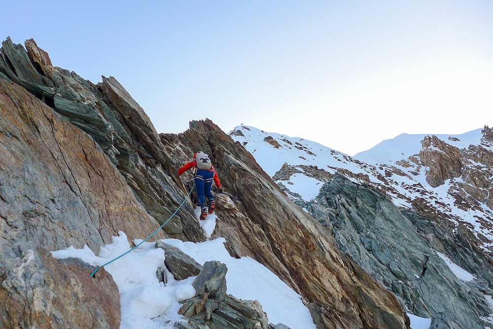 Reaching the rock ridge below the Pitons des Italiens