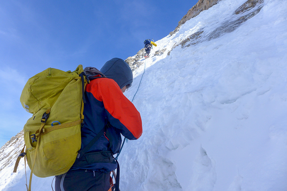 Graham climbing up toward the Fieschersattel after leaving the skis behind