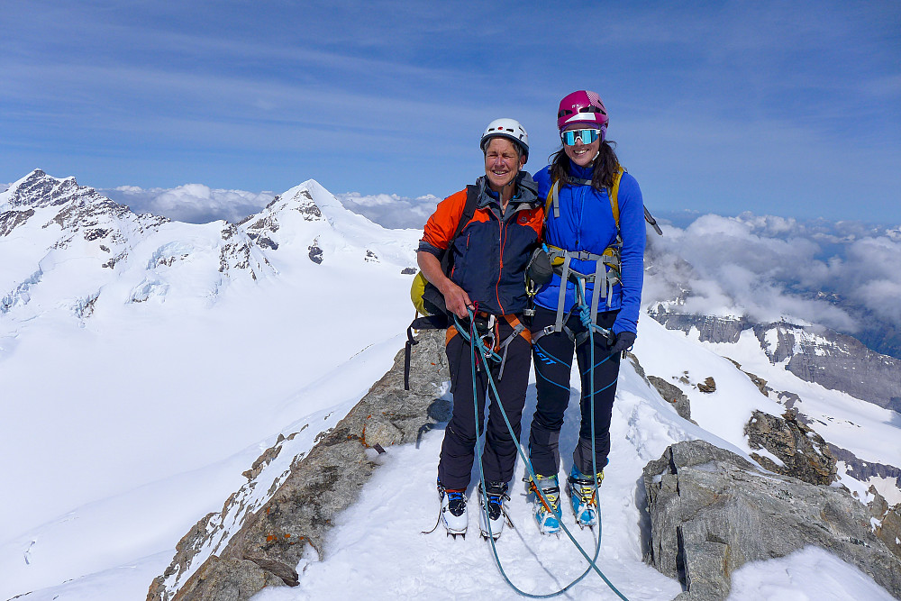 Rachel and I on the summit, Jungfrau and Monch behind