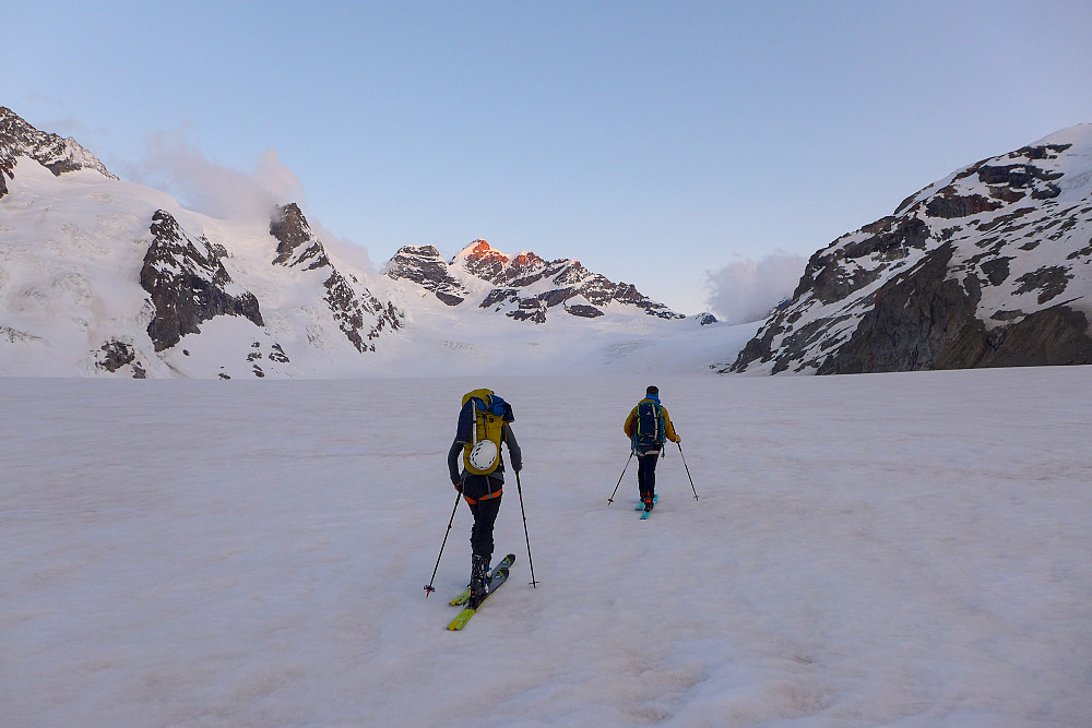 On our way toward the Jungfraufirn #2 The Jungfrau can be seen in the background getting the first rays of sun