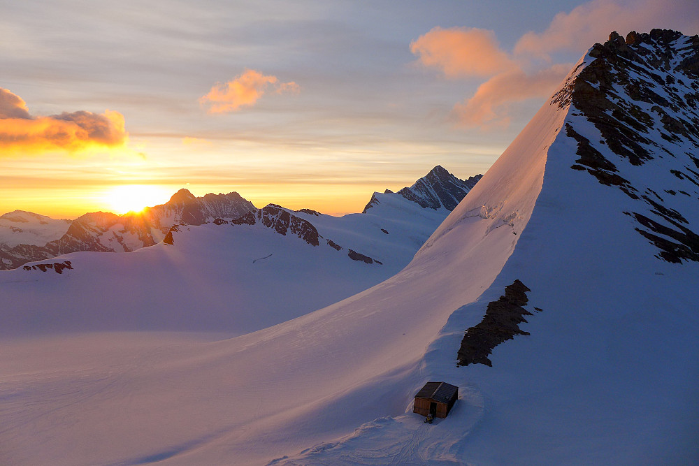 Sunrise behind the Schreckhorn seen from the Monchjoch hut before the weather deteriorated