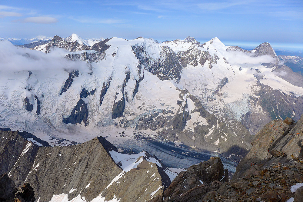 The view west toward Aletschhorn, Fiescherhorns, Jungfrau, Monch and Eiger etc