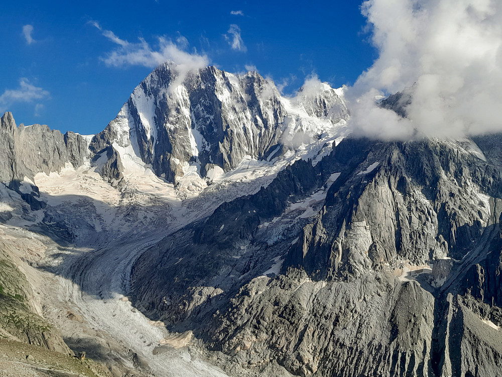 The massive north face of the Grandes Jorasses seen from outside the Couvercle hut