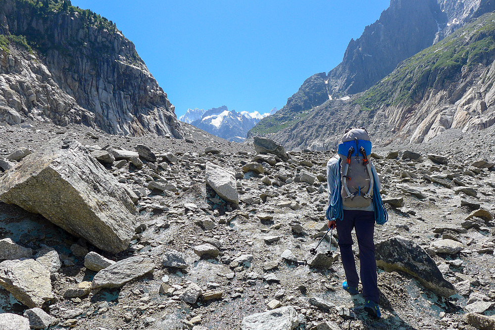 Beginning the walk up the Mer de Glace (or Mer de Rubble which might be more appropriate)
