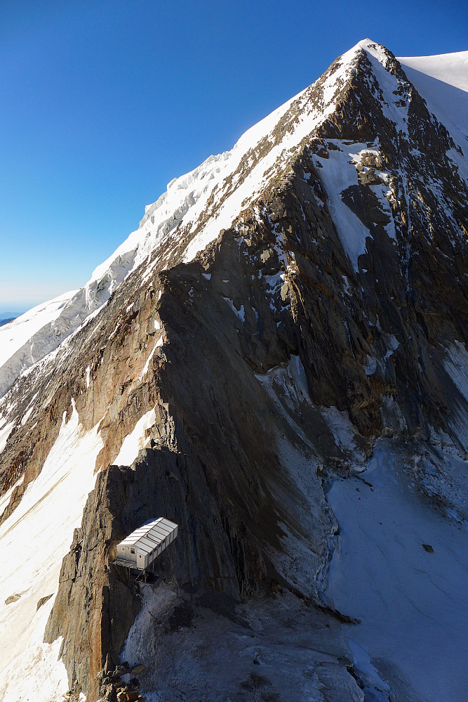 Cool view of the Mischabeljoch bivy huts location at the foot of the north ridge of Alphubel
