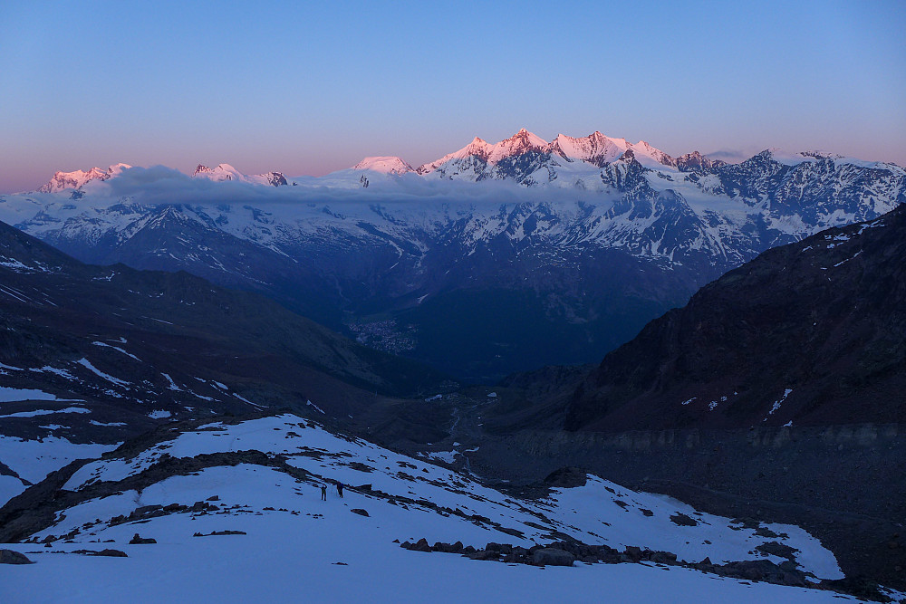Sunrise over the Mischabel peaks on the west side of the Saas valley