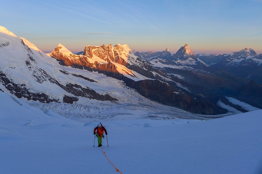 On the way up the Monte Rosa glacier at sunrise