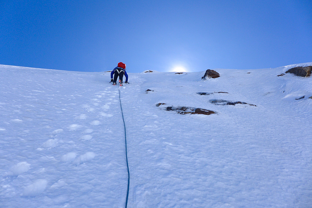 Climbing a direct route up to the summit ridge
