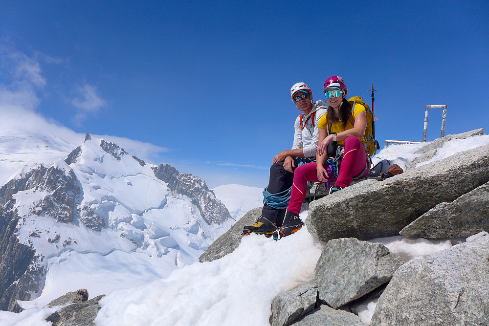 At the summit of Mont Blanc du Tacul with Mont Maudit in the background