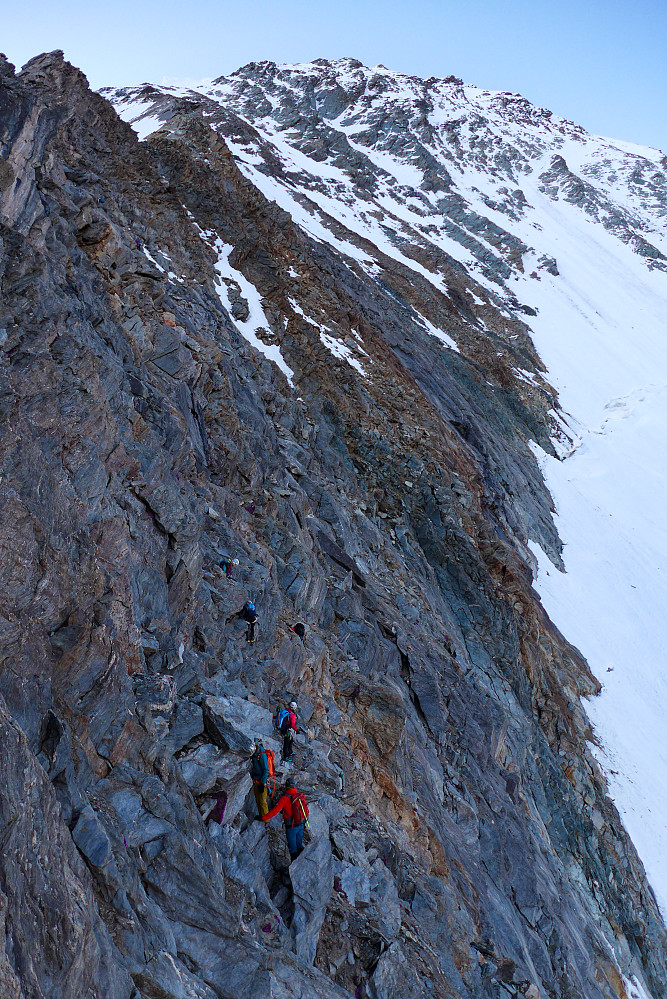 Scrambling up the loose rock to the Festijoch