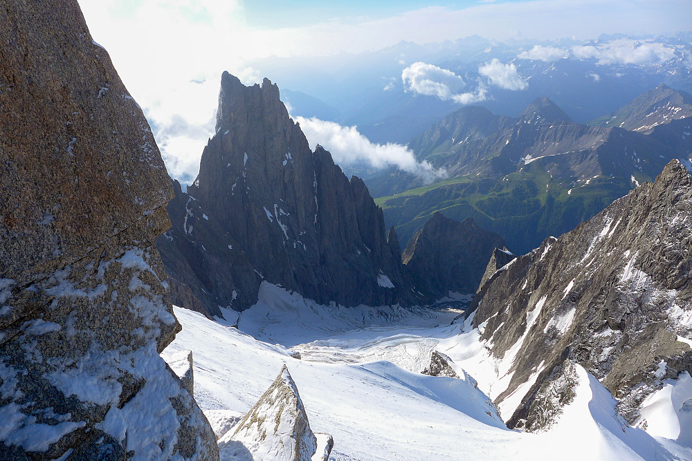 View across to the Aiguille Noire de Peuterey from the climb up the snowy rock rib on which the Eccles hut is located