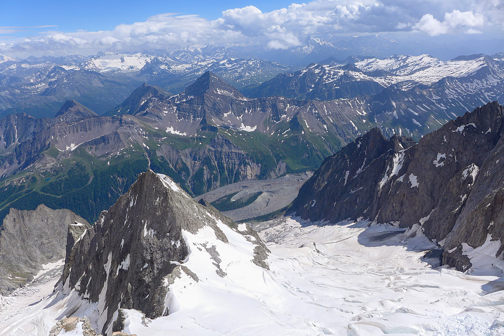 Views of Punta Innominata and down the Brouillard glacier with Val Veny below 