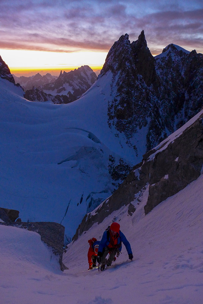 Rick and Phil approaching the Col Eccles with the elegant Aiguille Blanche de Peuterey behind