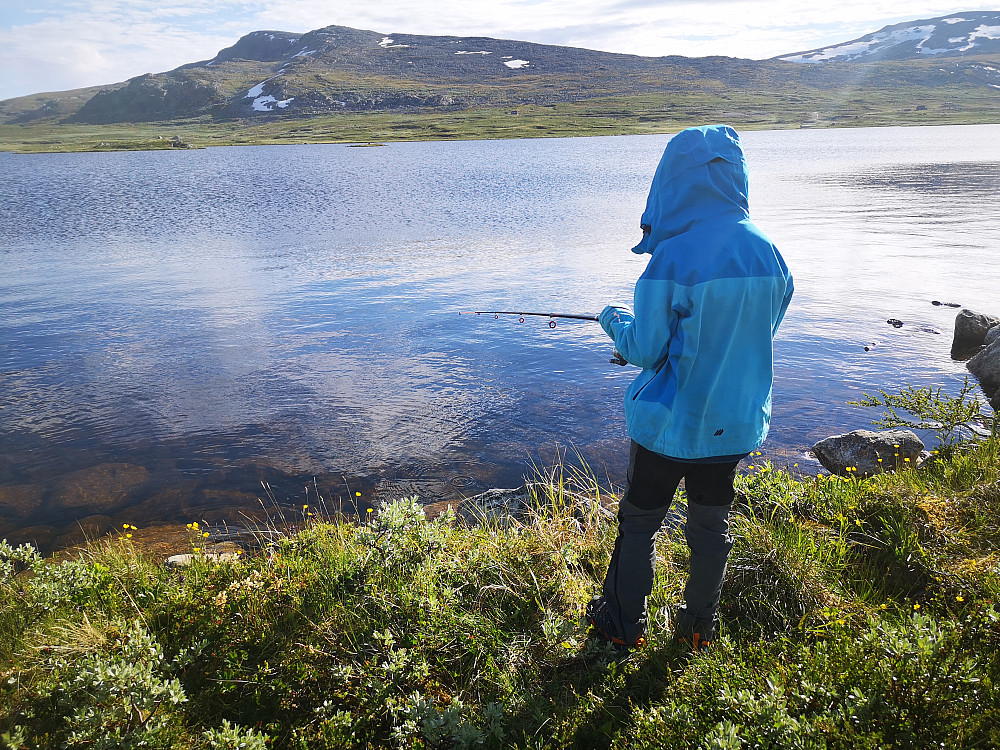 Vi prøver fiskelykken etterpå i et vatn, mygg, langgrunn og tap av sluk... 
