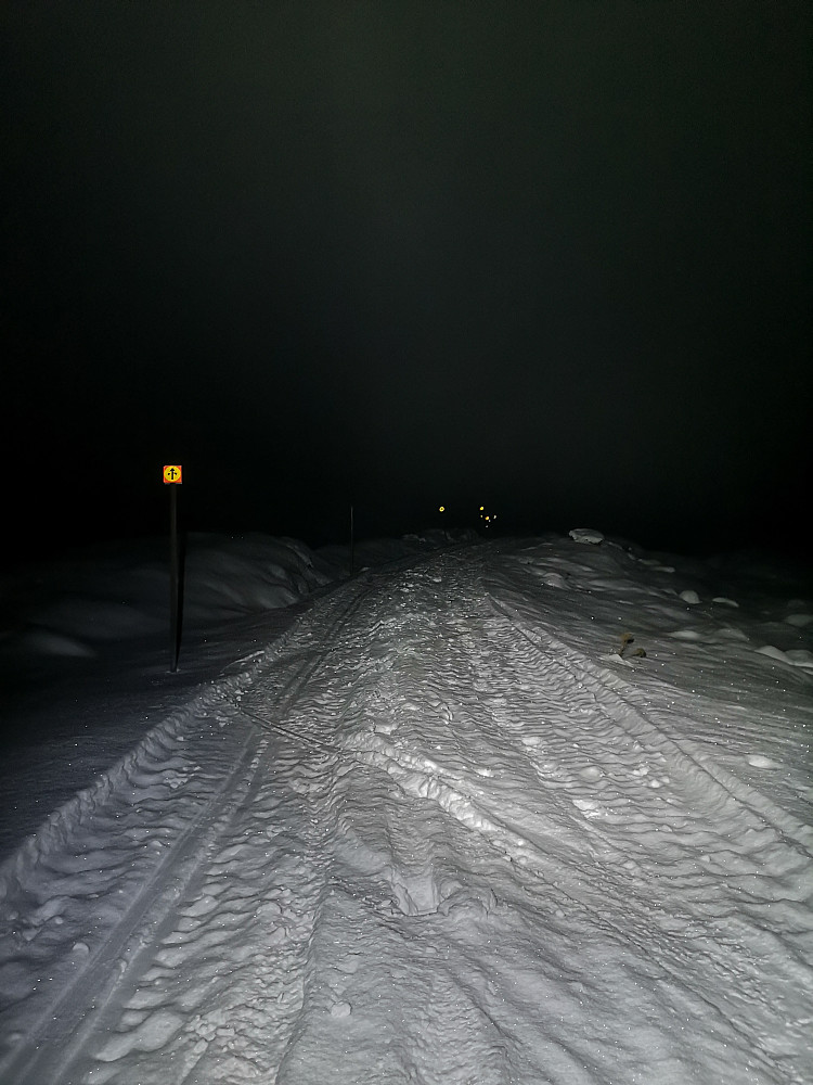 Greit føre for fjellskia nedover i traseen og mulighet å sette svinger med noen få cm nysnø oppå tidligere tråkkemaskinspor